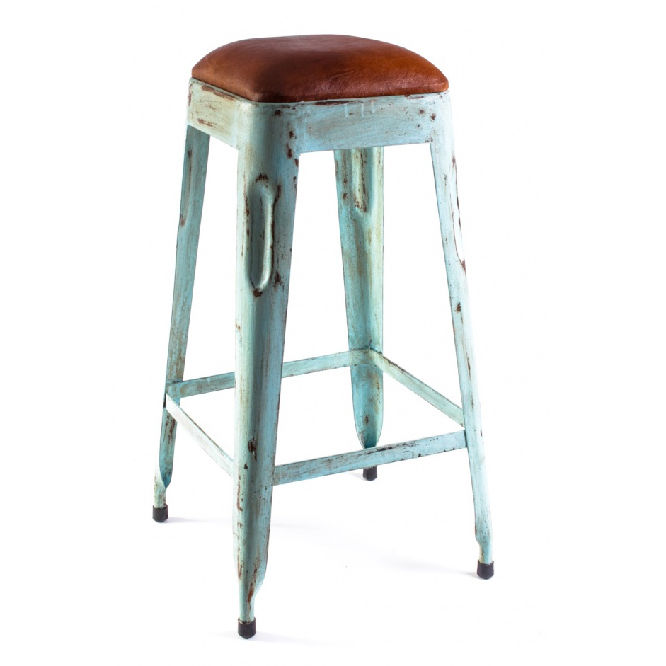 Стул барный голубой с кожаным сиденьем