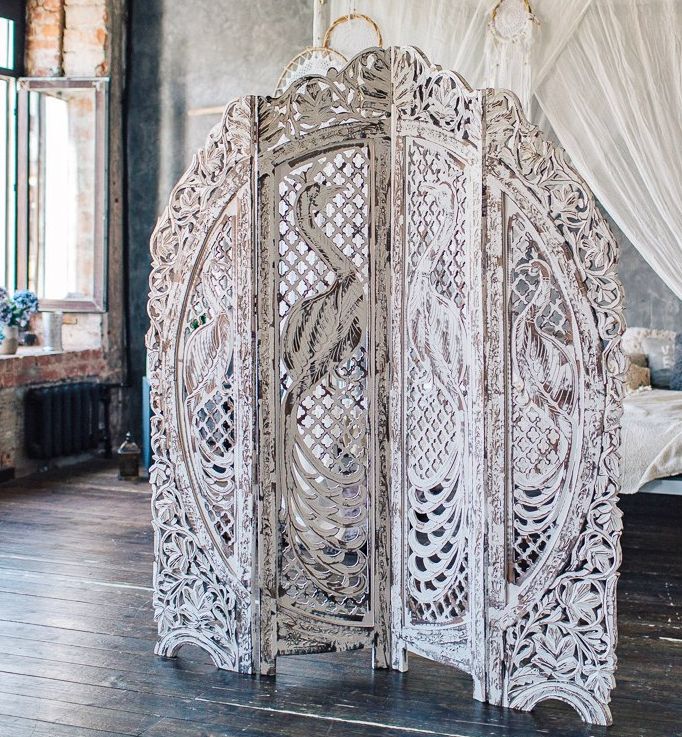 Ширма белая резная с птицами из 4хстворок