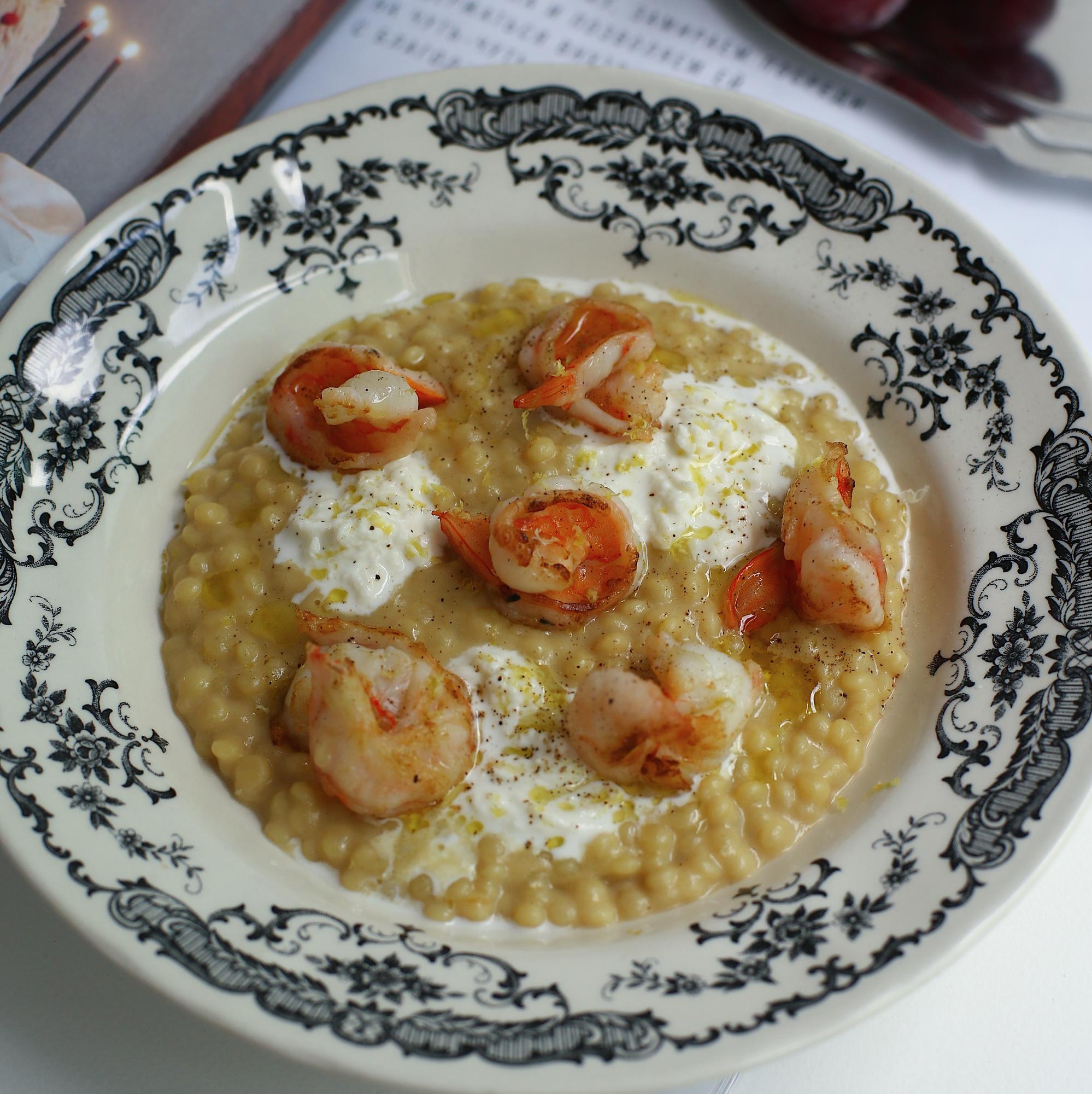 птитим, фенхель, страчателла, креветки